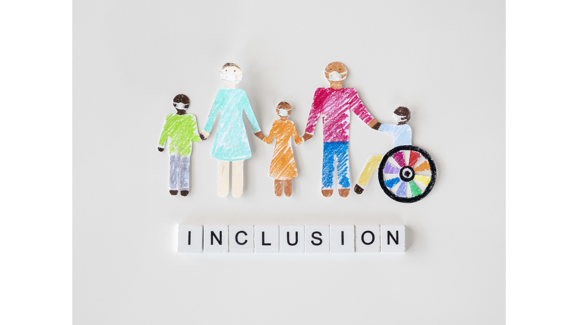 Cutout paper image of people of different sizes and skin colors wearing masks, standing and holding hands, including one wheelchair user with word "inclusion" in block letters beneath them